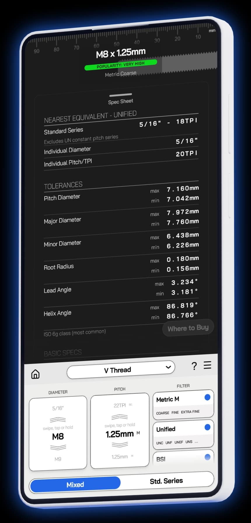 Spectar app spec sheet showing manufacturing dimensions, tolerances, and nearest equivalents for an M8 x 1.25mm bolt
